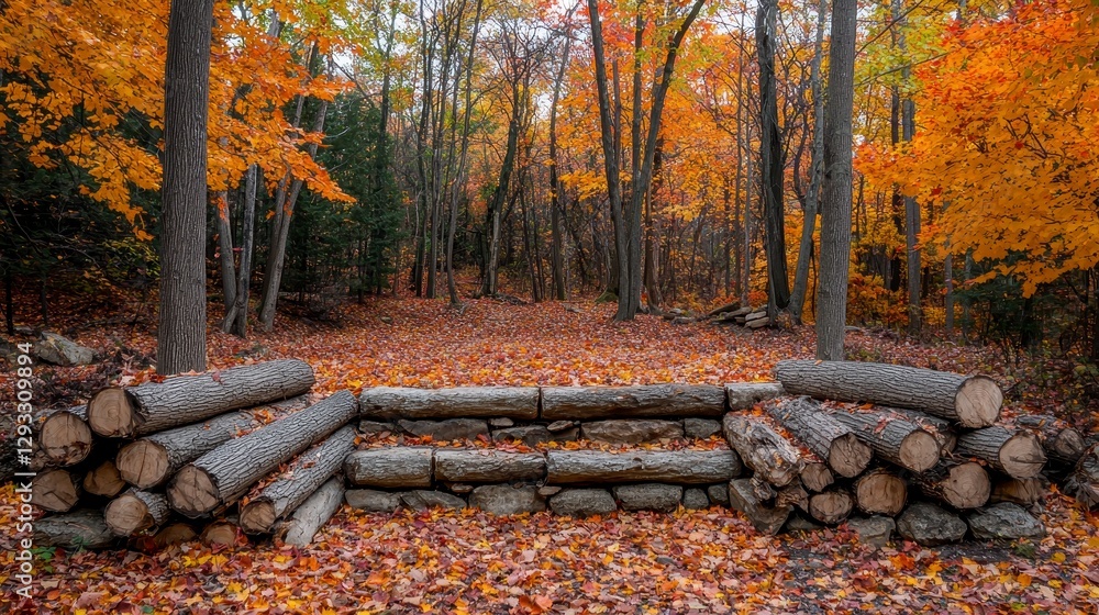 Vibrant Autumn Landscape with Logs Surrounded by Colorful Foliage Vibrant Autumn Landscape with Logs Surrounded by Colorful Foliage