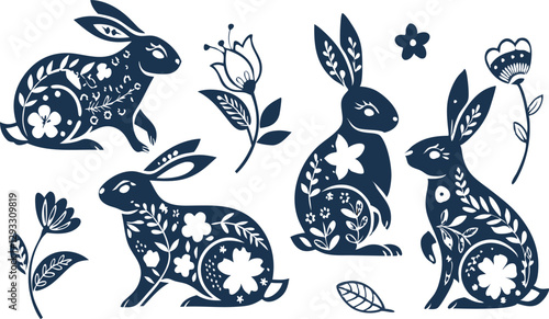 Happy Easter, decorated easter card, banner. Bunnies, Easter eggs, flowers and basket. Folk style patterned design.