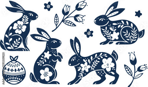 Happy Easter, decorated easter card, banner. Bunnies, Easter eggs, flowers and basket. Folk style patterned design.