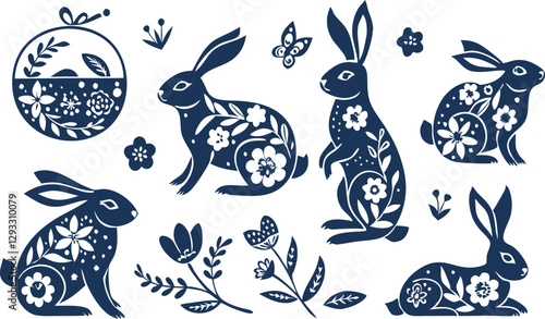 Happy Easter, decorated easter card, banner. Bunnies, Easter eggs, flowers and basket. Folk style patterned design.