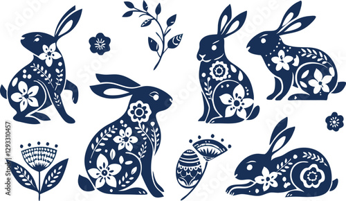 Happy Easter, decorated easter card, banner. Bunnies, Easter eggs, flowers and basket. Folk style patterned design.