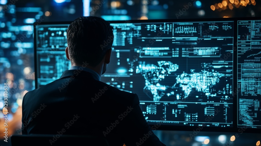 A person in a suit analyzes data on a large screen, surrounded by city lights, suggesting a high-tech, analytical environment. A person in a suit analyzes data on a large screen, surrounded by city lights, suggesting a high-tech, analytical environment.
