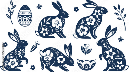 Happy Easter, decorated easter card, banner. Bunnies, Easter eggs, flowers and basket. Folk style patterned design.