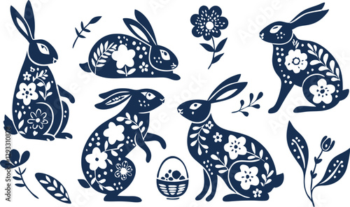 Happy Easter, decorated easter card, banner. Bunnies, Easter eggs, flowers and basket. Folk style patterned design.