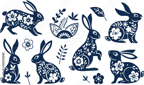 Happy Easter, decorated easter card, banner. Bunnies, Easter eggs, flowers and basket. Folk style patterned design.