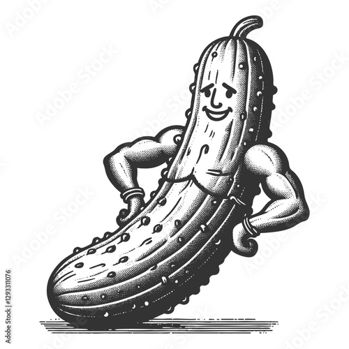 cartoon muscular pickle character with flexed arms, combining humor, strength, and quirky charm sketch engraving generative ai vector illustration. Scratch board imitation. Black and white image.