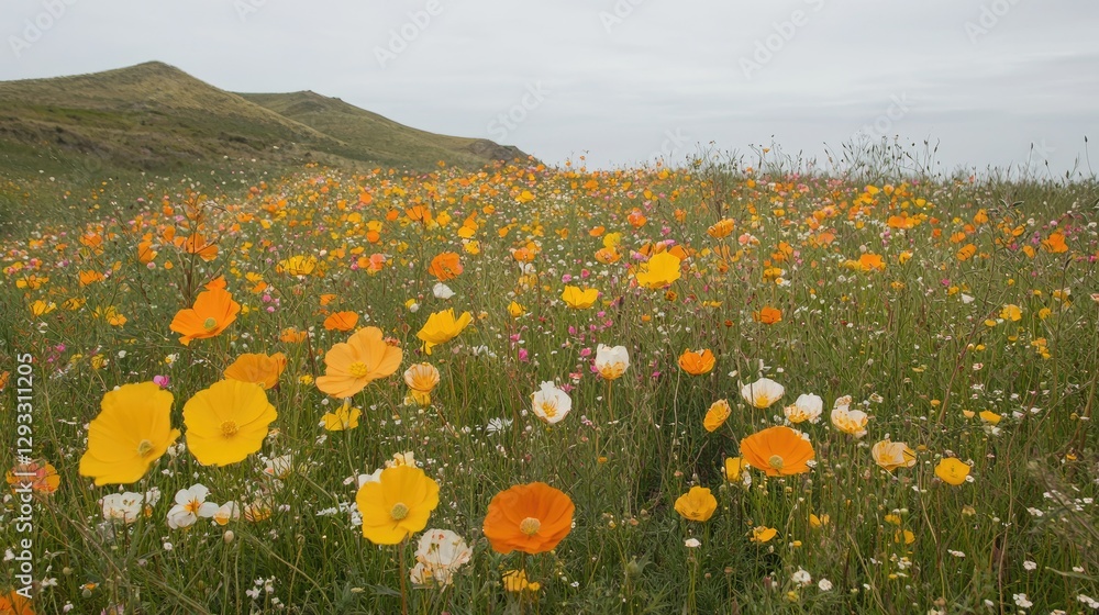 Fototapeta premium Wildflower meadow, hill background, overcast day, nature scene