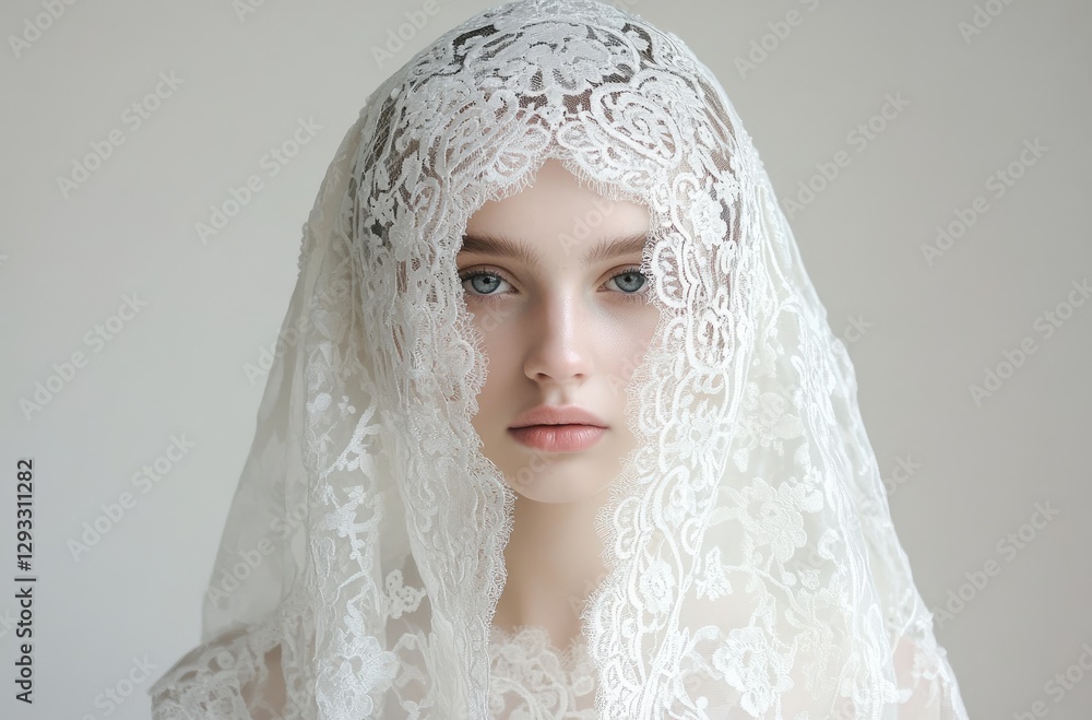 Close-up of a bride in a white lace dress, with a lace veil covering her face. Close-up of a bride in a white lace dress, with a lace veil covering her face.
