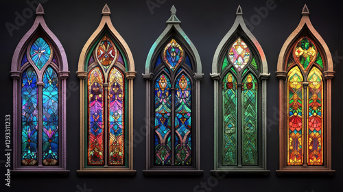 Cartoon stained glass windows  catholic church  medieval gothic interior or exterior architecture design elements of rectangular and arched shapes. Antique facade construction Vector illustration set