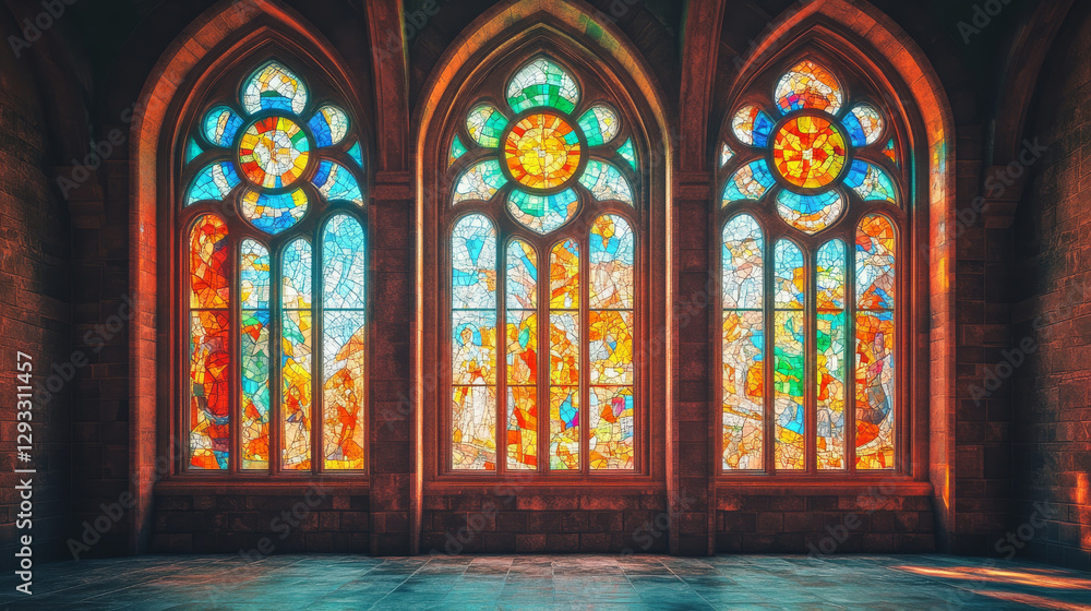 Fototapeta premium Cartoon stained glass windows, catholic church, medieval gothic interior or exterior architecture design elements of rectangular and arched shapes. Antique facade construction Vector illustration set