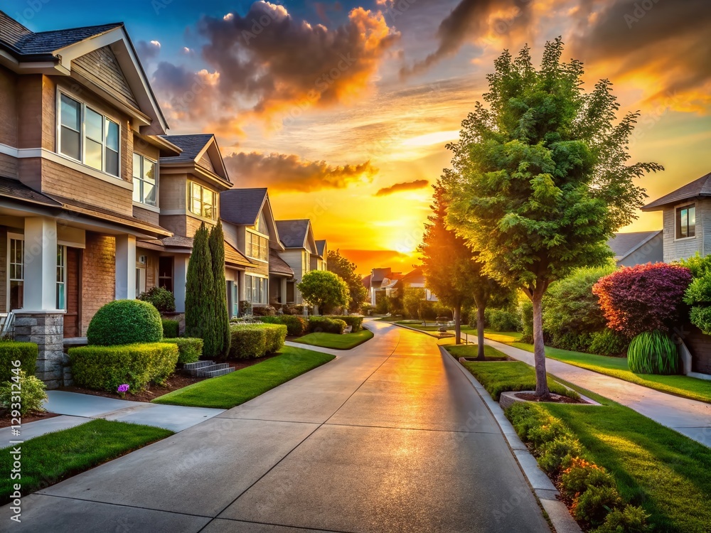 Serene Suburban Street: Golden Hour Minimalist Photography