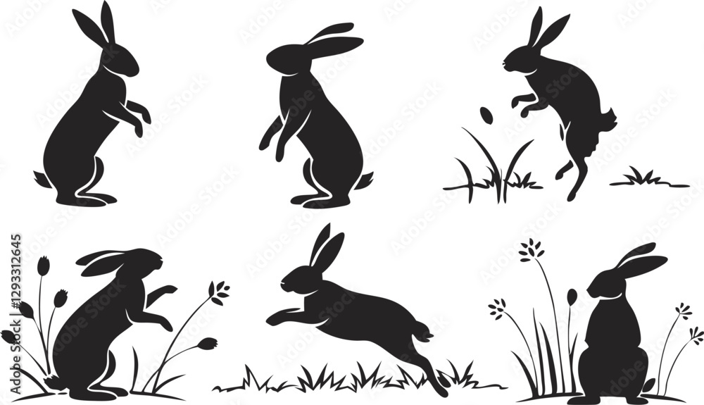 Easter bunny silhouettes, rabbit clip art set, isolated decorative elements for the holidays
