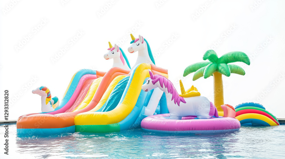 Colorful bouncy slides set isolated on white background. Vector cartoon illustration of kids aqua park design elements, inflated toy unicorn, trampoline island with palm trees, nice rainbow castle Colorful bouncy slides set isolated on white background. Vector cartoon illustration of kids aqua park design elements, inflated toy unicorn, trampoline island with palm trees, nice rainbow castle