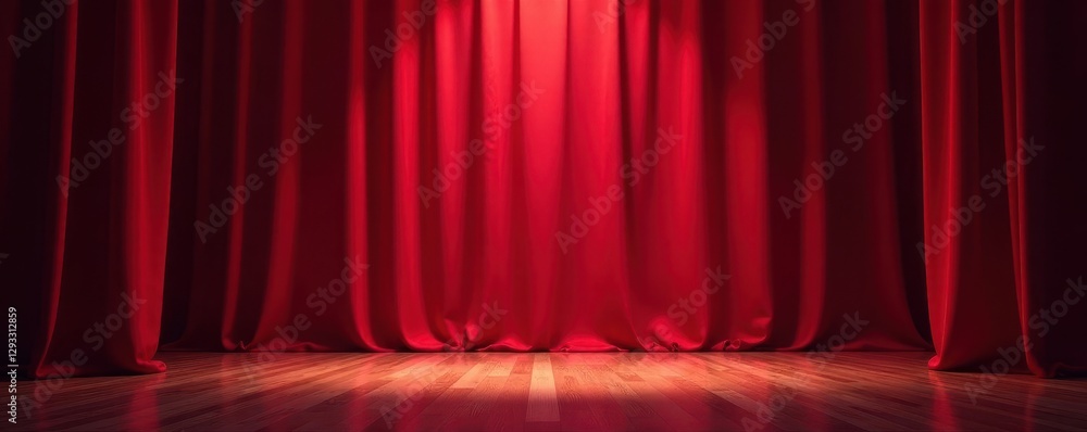 Fototapeta premium Deep red theatrical drapes, focused spotlight, empty stage , simple, show, panorama