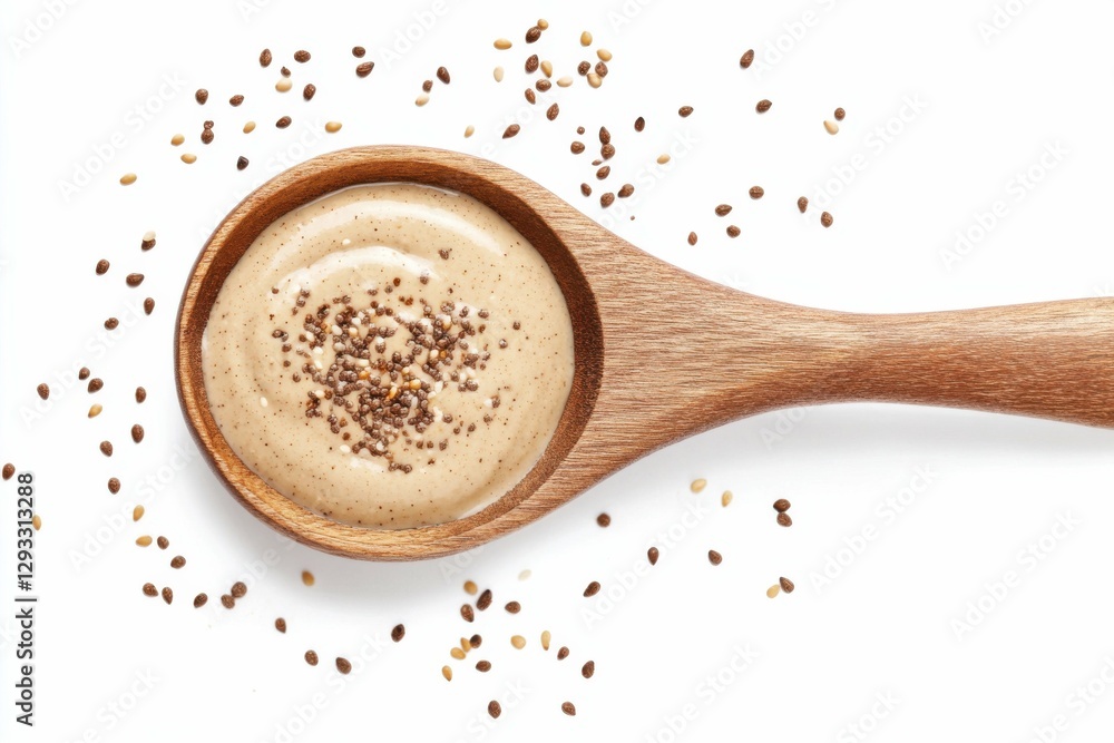 Tahini Sauce. Spice and Natural Tasty Food Concept with Spoon on White Background Tahini Sauce. Spice and Natural Tasty Food Concept with Spoon on White Background