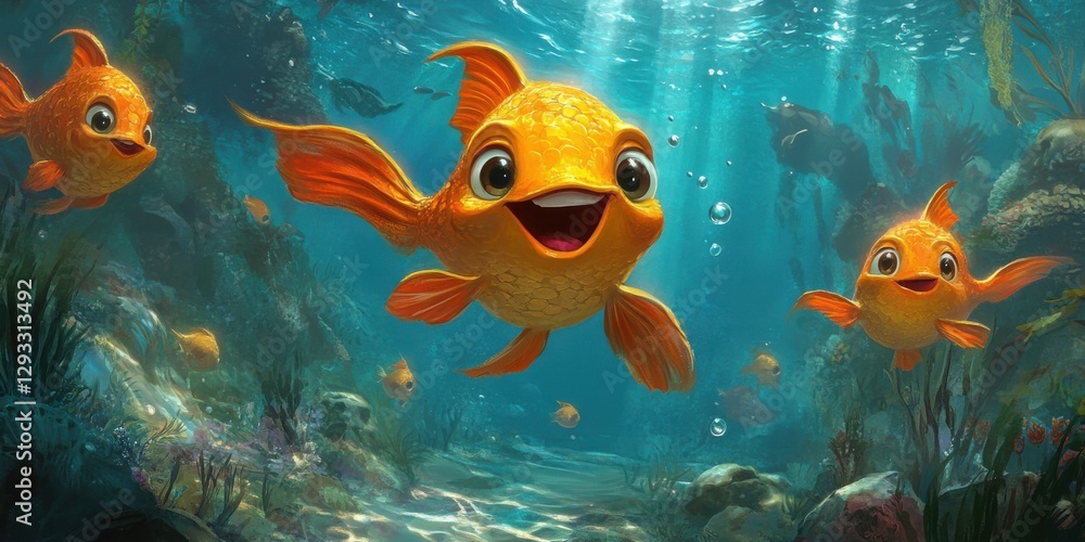 Fototapeta premium Talking Fish. Cartoon Marine Life with Happy Expression Underwater