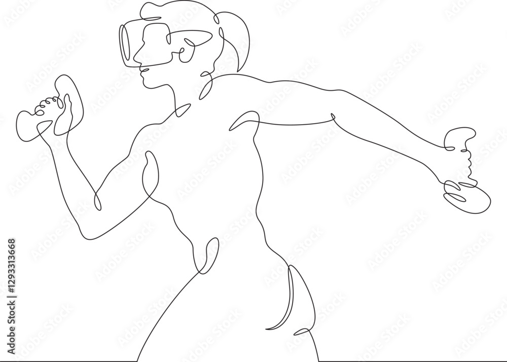 Continuous one line drawing woman in virtual reality. Girl in VR headset. High technology.