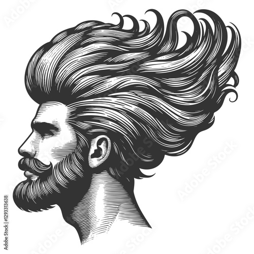 gentleman with an incredibly large, curly hairstyle, blending humor, surrealism, and vintage artistic style sketch engraving generative ai vector illustration. Scratch board. Black and white image.