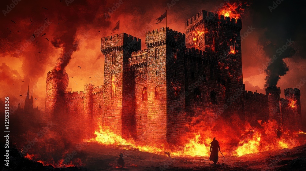 Naklejka premium Burning ancient castle illuminated by glowing embers under a dark red sky, symbolizing destruction and chaos, shadows of fleeing figures