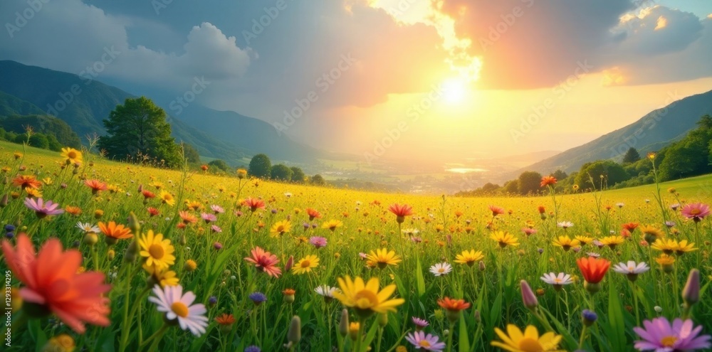 Obraz premium Sunlit meadow awash with wildflowers, rainbow in distance, meadow, natural