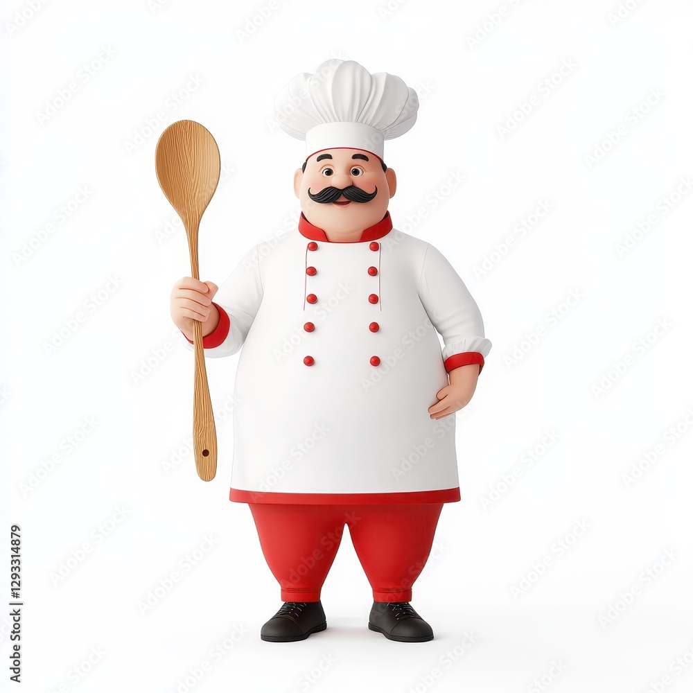 A cheerful cartoon chef holds a wooden spoon, dressed in a white chef's coat with red accents, ready to cook delicious meals. A cheerful cartoon chef holds a wooden spoon, dressed in a white chef's coat with red accents, ready to cook delicious meals.