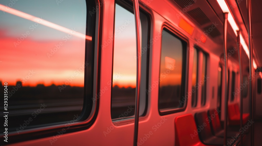 Fototapeta premium Modern train interior at sunset with city view