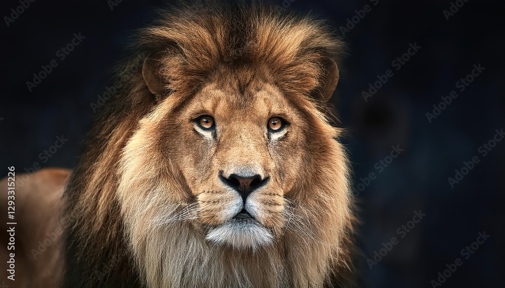 Majestic Lion Portrait in African Savannah Powerful Male Wildcat Striking Pose, Golden Sunlight Bathing His Majesty with Warmth and Dramatic Contrast. Majestic Lion Portrait in African Savannah Powerful Male Wildcat Striking Pose, Golden Sunlight Bathing His Majesty with Warmth and Dramatic Contrast.