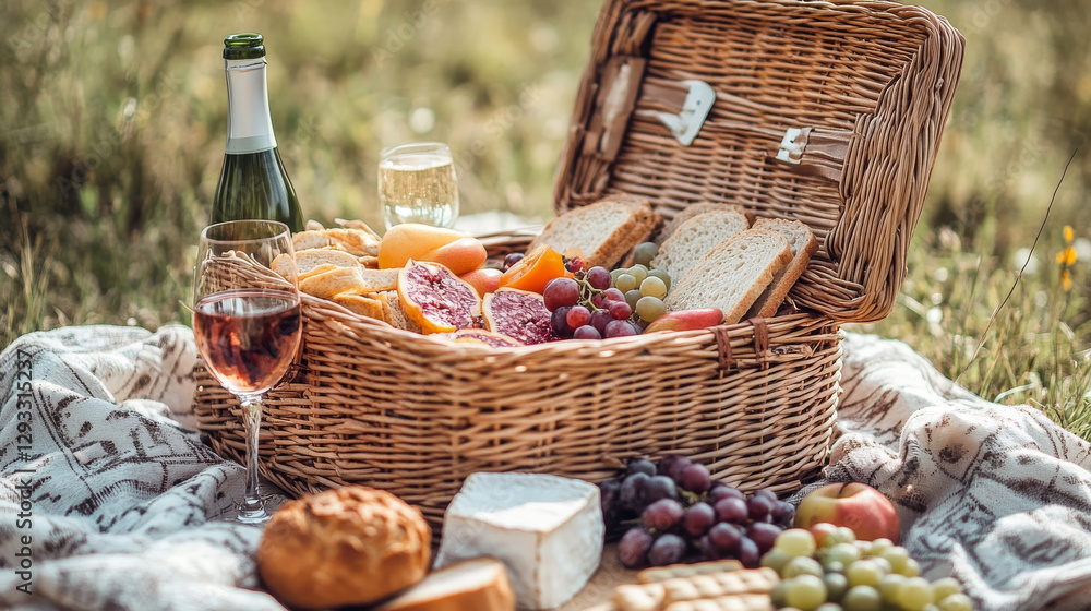 Picnic basket for fruit, food and wine icon set. Isolated bread, cheese, alcohol bottle, baguette, sandwich and blanket for outdoor party in park. Organic tasty meal for camping in wicker box Picnic basket for fruit, food and wine icon set. Isolated bread, cheese, alcohol bottle, baguette, sandwich and blanket for outdoor party in park. Organic tasty meal for camping in wicker box