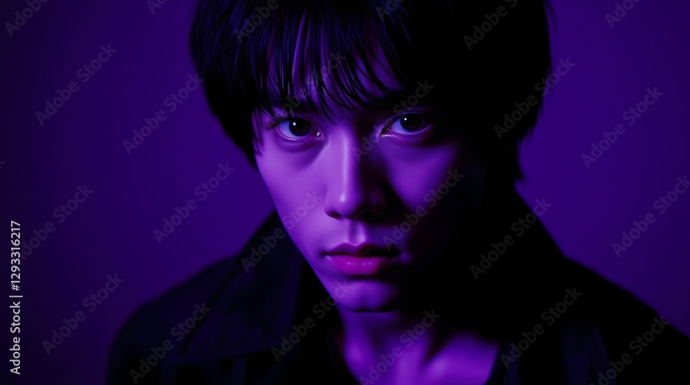 Close up portrait of young Asian man with dark hair wearing black jacket on purple background. Close up portrait of young Asian man with dark hair wearing black jacket on purple background.