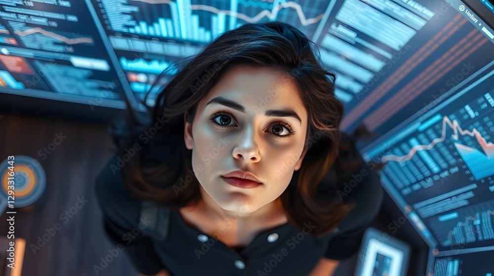 Fototapeta premium Photo of a beautiful Indian woman standing in front of a stock market chart.