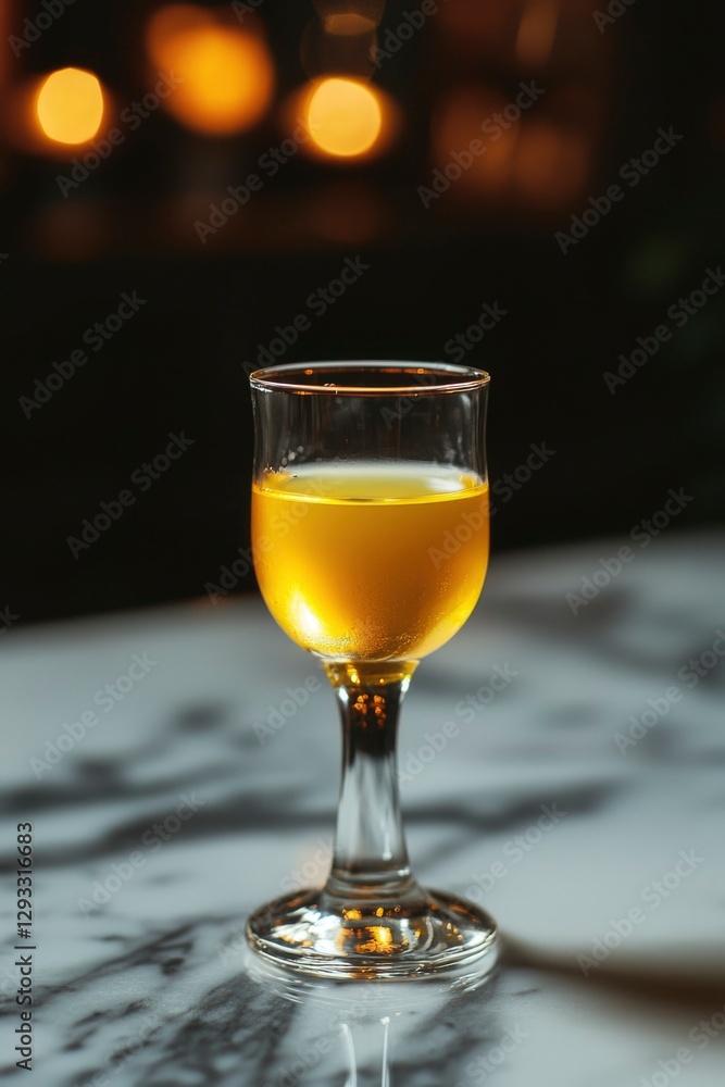 Obraz premium Golden cocktail in stemmed glass on marble bar with warm bokeh
