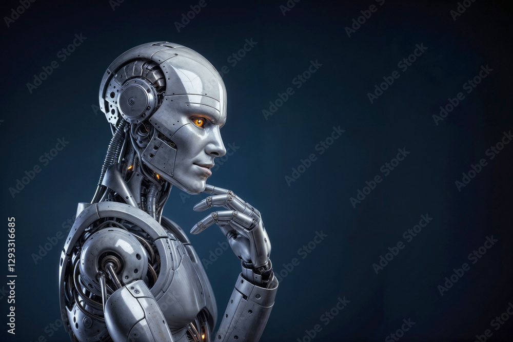 Naklejka premium Robot thinking on blue background