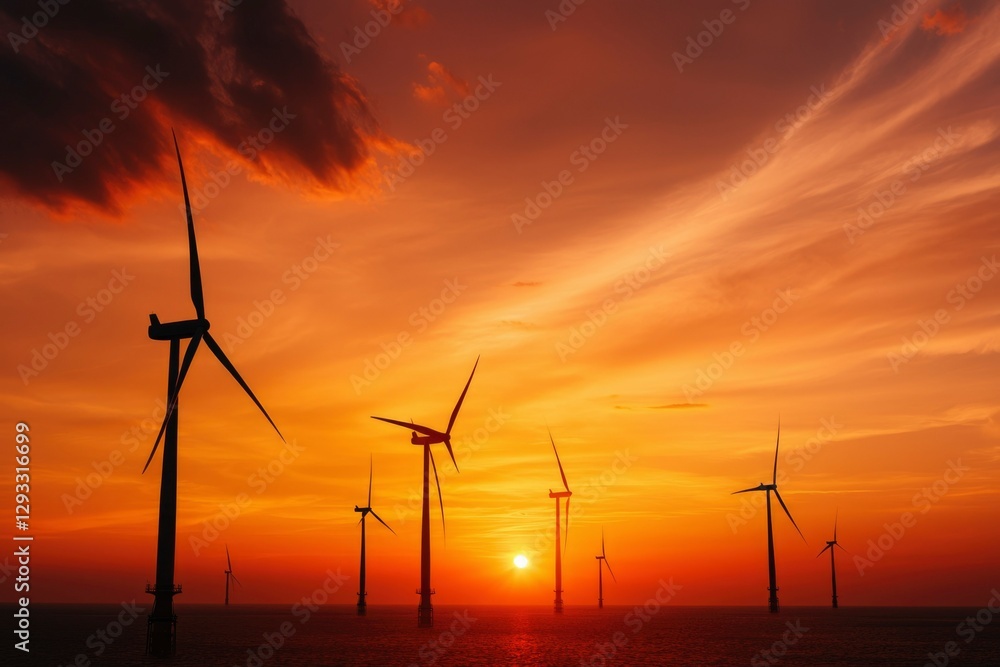 Obraz premium Wind Turbines at Sunset Over the Ocean