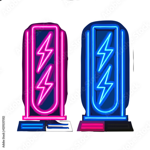 Neon electric towers with glowing lightning bolts