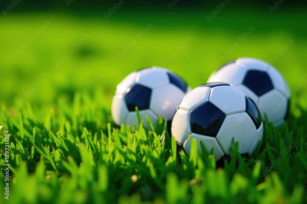 Fototapeta premium Close-up of four sparkling soccer balls nestled in bright green grass , overhead, sports equipment