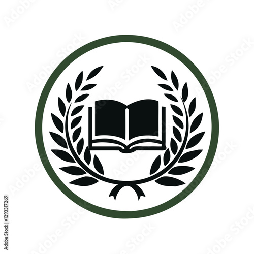 Open book with laurel wreath emblem