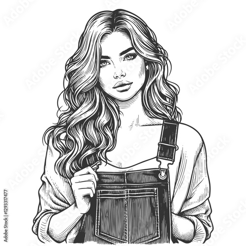 woman with long wavy hair, wearing overalls and relaxed shirt, blending casual fashion with elegance sketch engraving generative ai vector illustration. Scratch board imitation. Black and white image