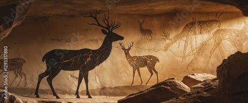 Ancient deer silhouette on cave wall in historical site showcasing early human art
