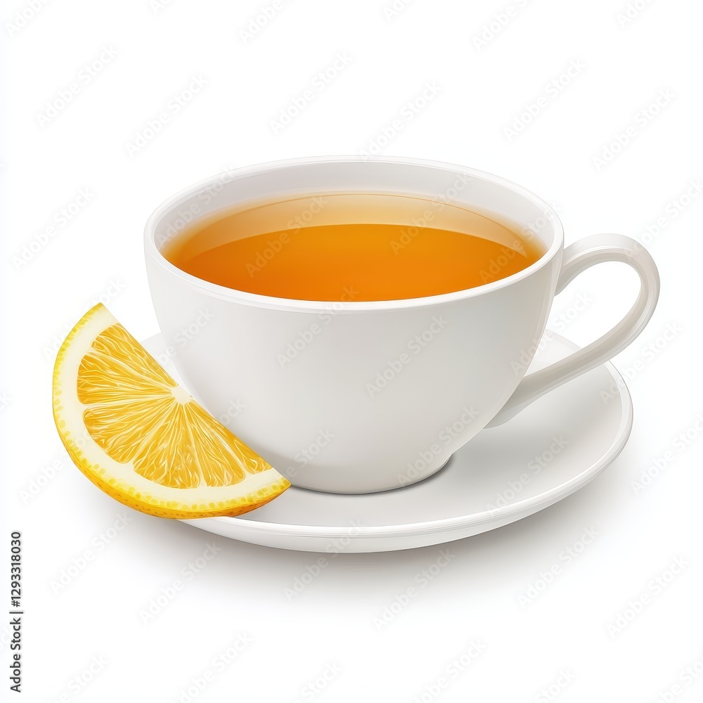 A steaming cup of herbal tea with a slice of fresh lemon on the side, served in a white cup on a matching saucer.