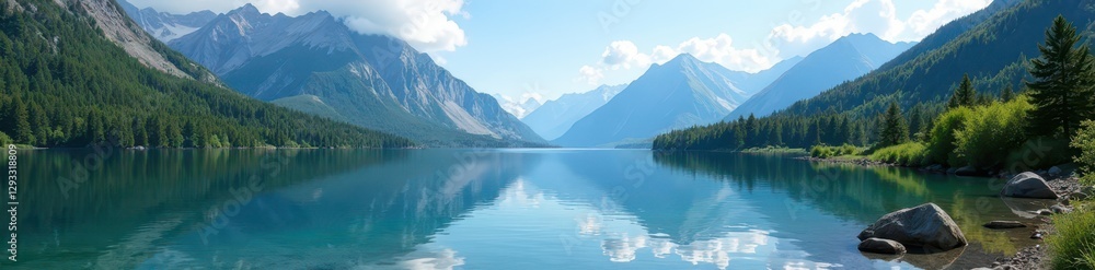 Obraz premium Serene mountain lake, clear water reflects peaks, calm, water