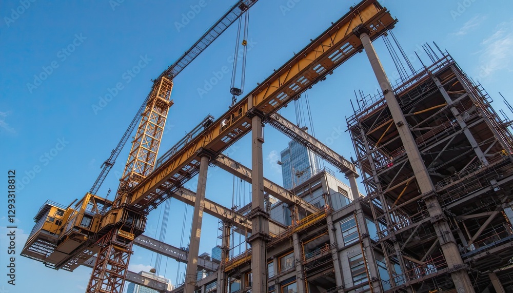 Steel beams for a new high-rise are being lifted by a huge crane Steel beams for a new high-rise are being lifted by a huge crane