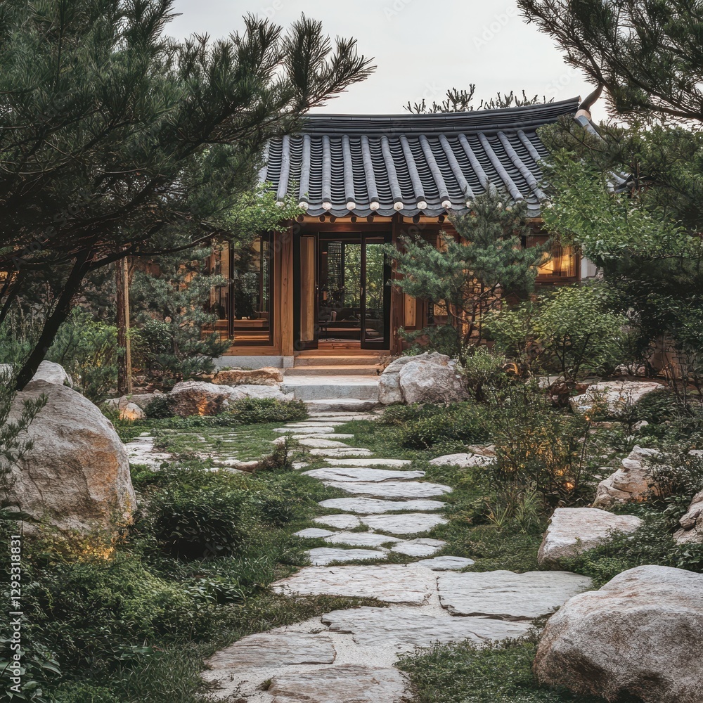 A Stone Path Leads to a Traditional Korean Structure A Stone Path Leads to a Traditional Korean Structure