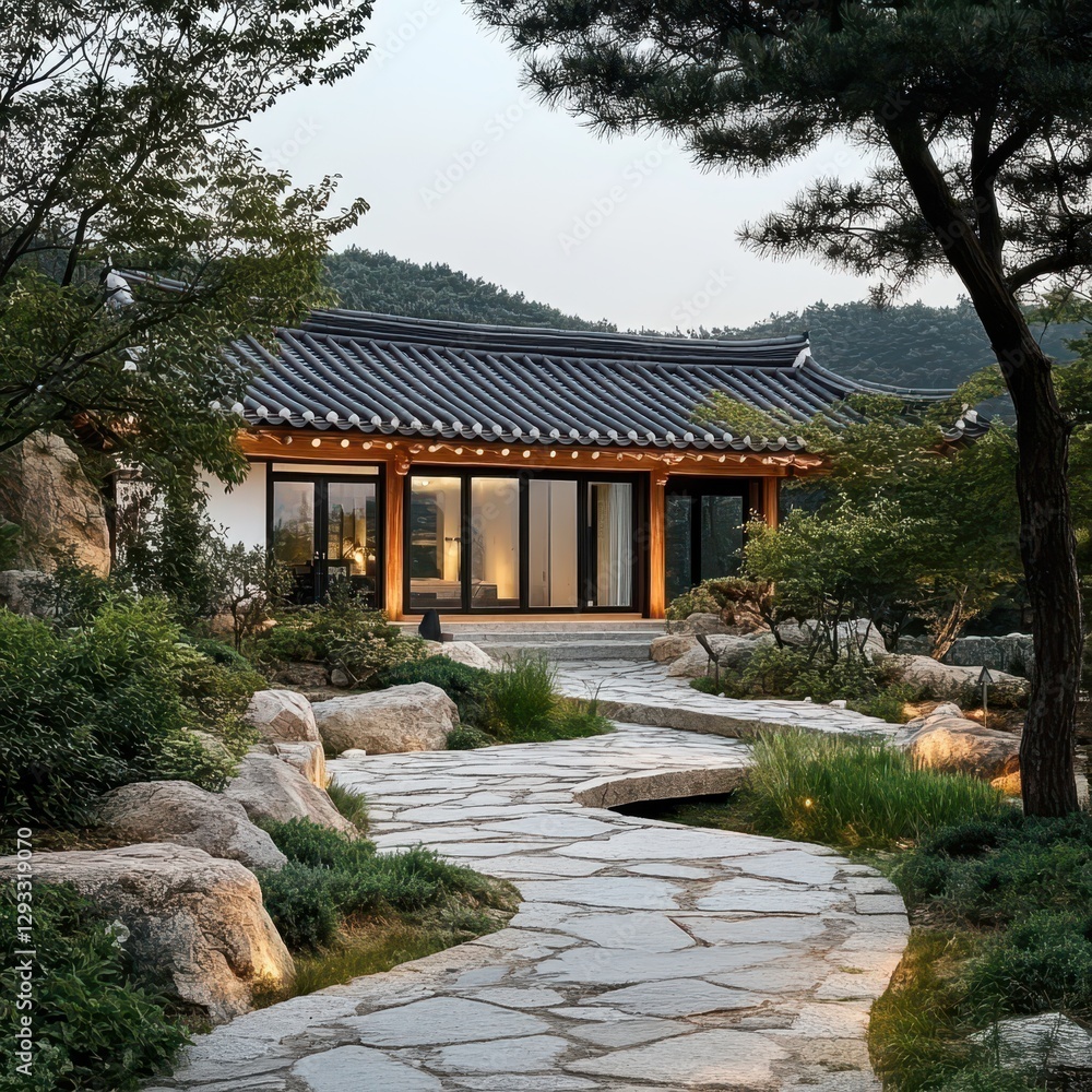 Peaceful Asian residence garden with stone pathway and landscape Peaceful Asian residence garden with stone pathway and landscape