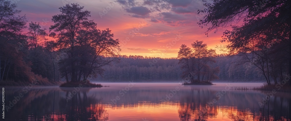 Obraz premium Serene lake reflecting surrounding trees at sunset in a tranquil wilderness setting.