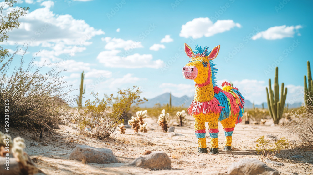 Fototapeta premium Mexican pinata donkey amigo at desert landscape with cacti, sand and rocks. Viva Mexico or cinco de mayo party, traditional Latin holiday or fiesta celebration symbols, Cartoon vector illustration