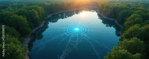 Aerial view of forest lake features digital network overlay. Tech integrates with nature creating serene, tranquil scenic ecosystem. Modern concept shows harmony, connection, data visualisation of
