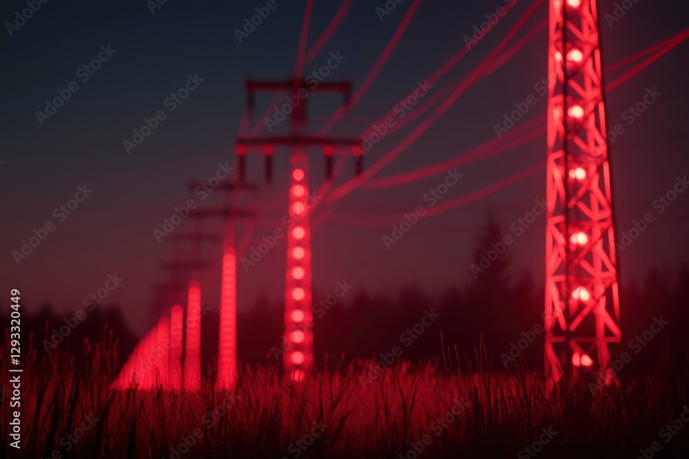 Fototapeta premium Red-lit power lines in a field at dusk