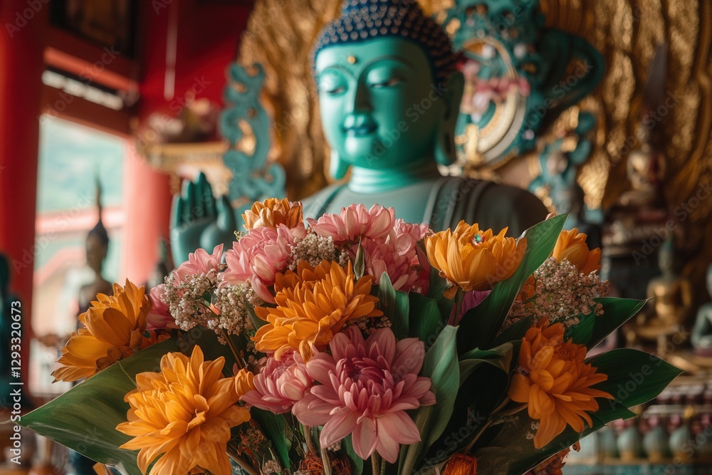 Fototapeta premium Colorful Flower Bouquet Before Teal Green Statue In Temple Setting