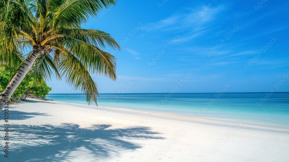 Obraz premium Beautiful beach with white sand and palm trees on the left side of the frame. The blue sky is clear, and there's a calm sea in front of it