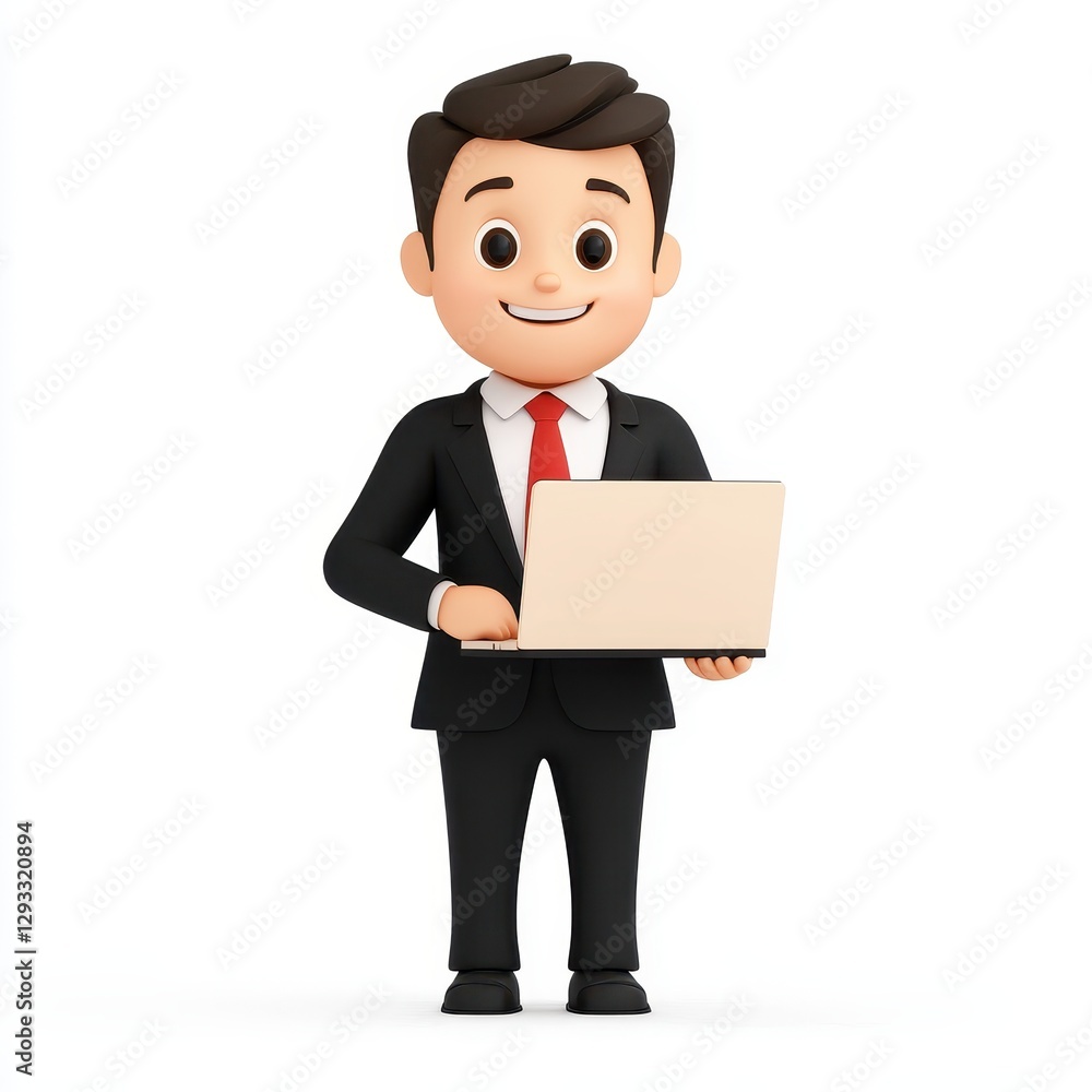 A cheerful cartoon businessman stands holding a laptop, dressed in a formal suit with a red tie, embodying professionalism and modern work culture. A cheerful cartoon businessman stands holding a laptop, dressed in a formal suit with a red tie, embodying professionalism and modern work culture.